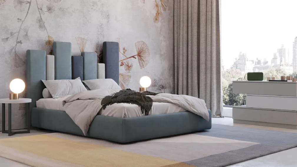 Letto di design in ecovelluto con originale testiera asimmetrica Sidney di Giessegi