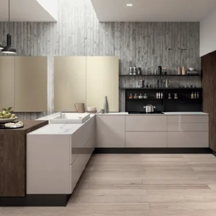 Cucina Moderna con penisola Erika in PET grigio Beton e LPL Quercia Moka di Aran