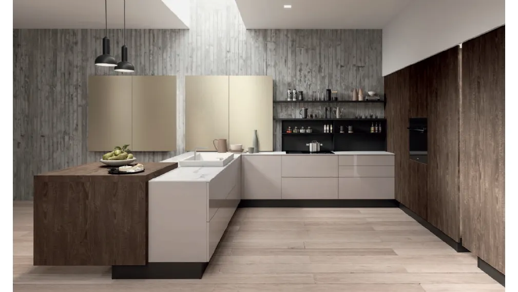 Cucina Moderna con penisola Erika in PET grigio Beton e LPL Quercia Moka di Aran