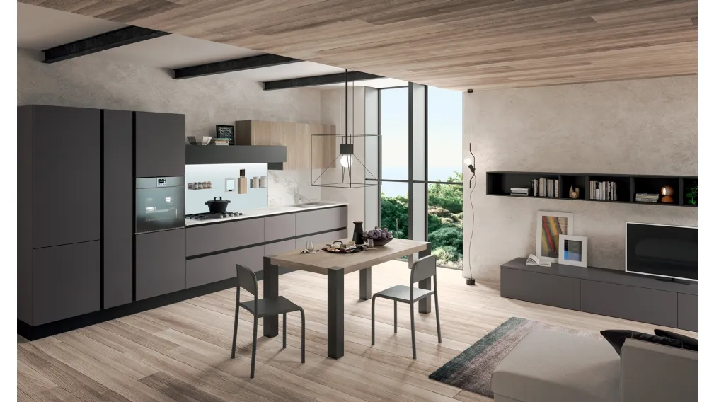 Cucina Moderna lineare Erika in LPL Ombra con profilo Nero e Rovere Brugès di Aran