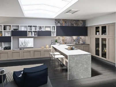 Cucina Moderna angolare con penisola Licia in legno di Rovere e Cemento di Aran