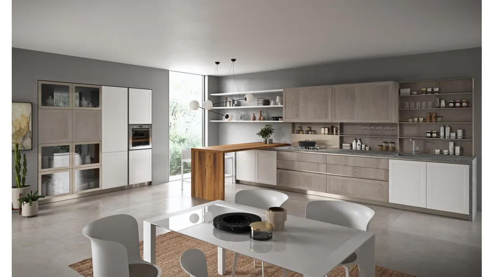 Cucina Moderna con penisola Vita Bella in Rovere Dust e laccato Bianco opaco di Aran